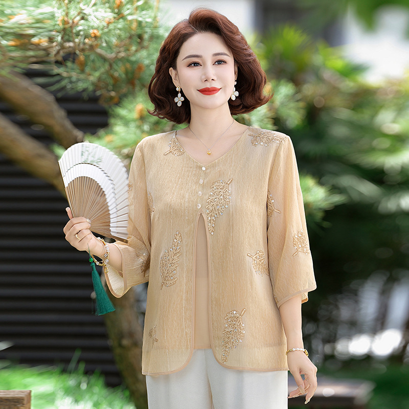 纤孜雅 妈妈中式夏装T恤小衫新款中老年女宽松刺绣纯色洋气上衣女假两件高清大图