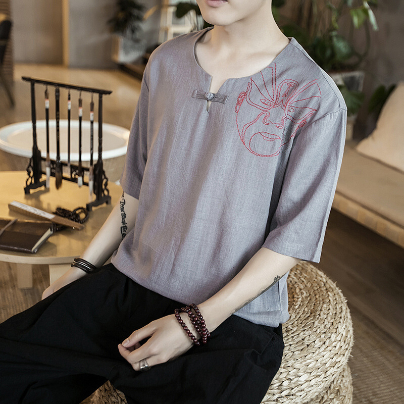 唐装男短袖夏季中式汉服中国风亚麻盘扣t恤棉麻宽松复古大码上衣