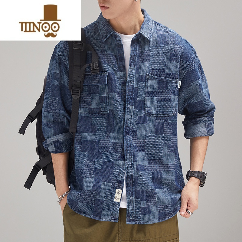 YANXU工装衬衫男长袖新款宽松日系潮牌翻领休闲痞帅牛仔松装休牌高清大图