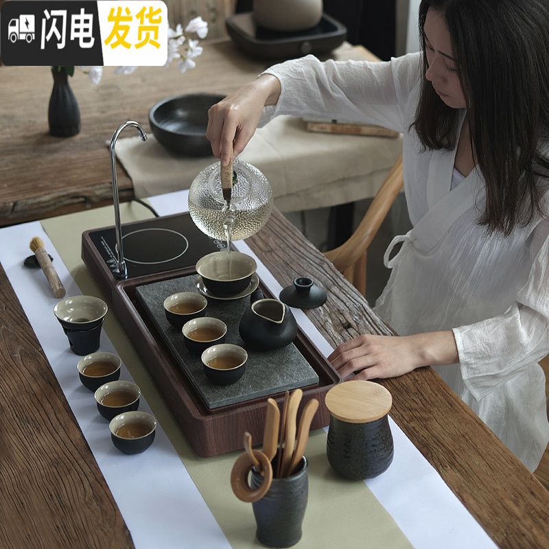 三维工匠日式功夫茶具茶盘套装家用全自动一体泡茶小茶台简约客厅上烧水壶 智能电热炉茶盘:套餐5送茶渣桶共20件 9件高清大图