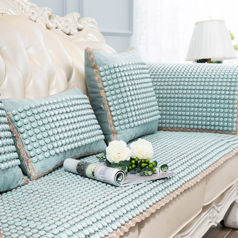 夏季陶瓷凉垫 客厅沙发凉席垫夏天款防滑欧式全包萬能套罩坐垫子 布艺+晶彩浅紫色 70*240高清大图