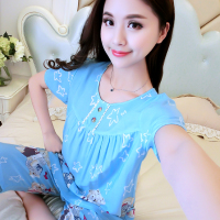 顿尼科睡衣女式夏季棉绸短袖中裤套装可爱卡通宽松韩版家居服夏天 天蓝五角星 M(80-100斤）