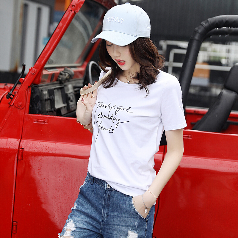 白色英文字母t恤女短袖夏季2018新款韩范宽松纯棉印花简约打底衫白色