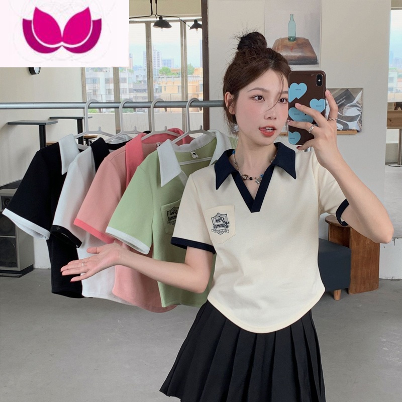 七斓美式复古正肩polo衫撞色短袖t恤女夏宽松设计感小众别致短款上衣
