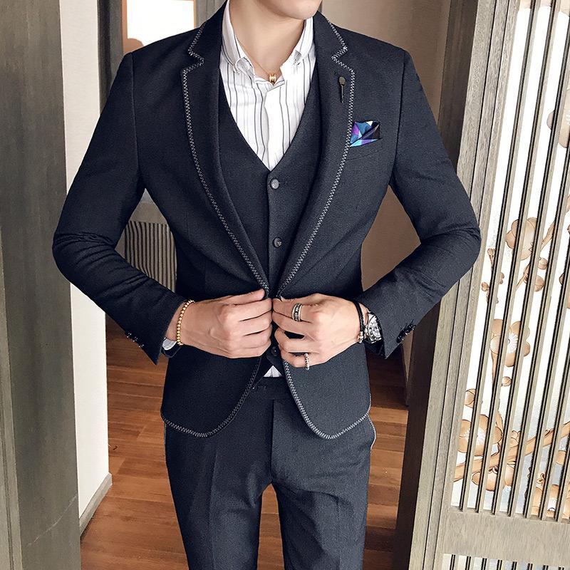 西服套装男士三件套商务正装职业西装修身伴郎新郎结婚礼服黑色春