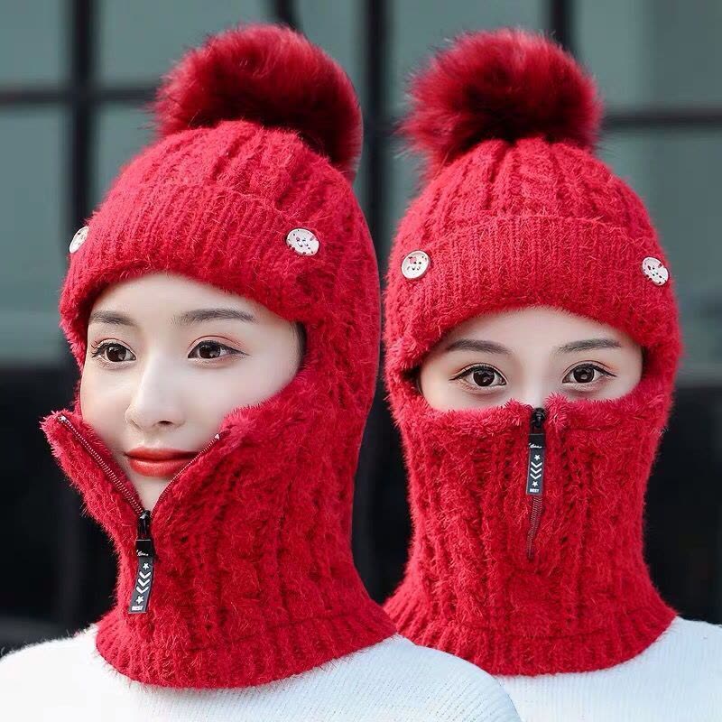 加绒加厚骑行防风毛线帽防冻护耳帽围脖一体套头帽图片