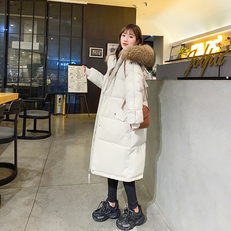 2025年新款大码冬季羽绒棉服女中长款棉衣宽松棉袄韩版面包服外套 石灰白（毛领可拆卸） S