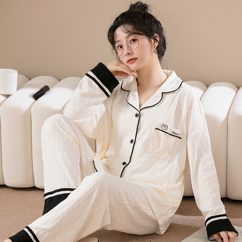 睡衣女士秋冬季棉质开衫长袖长裤套装翻领提花家居服秋冬款可外穿