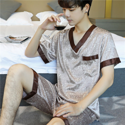 v领小字母[双短] l 睡衣男短袖夏季薄款丝绸睡衣男士夏天冰丝短裤套装