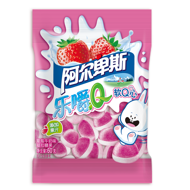 阿尔卑斯乐嚼q软q心草莓牛奶味袋装60g