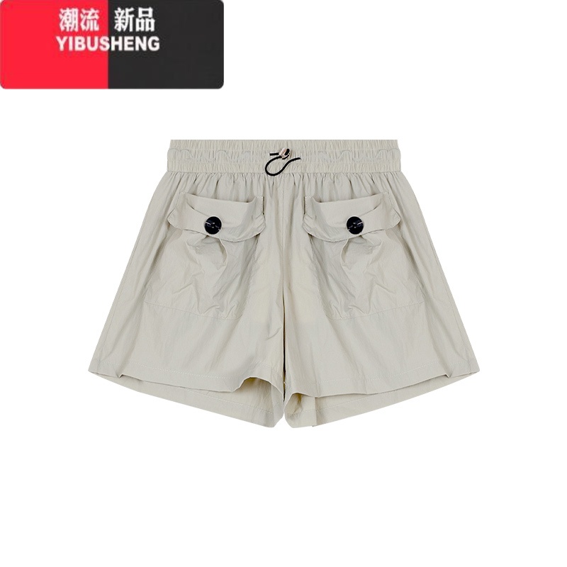 YIBUSHENG设计感口袋高腰工装裤女早春小众宽松阔腿休闲裤直筒短裤 奶茶色 M