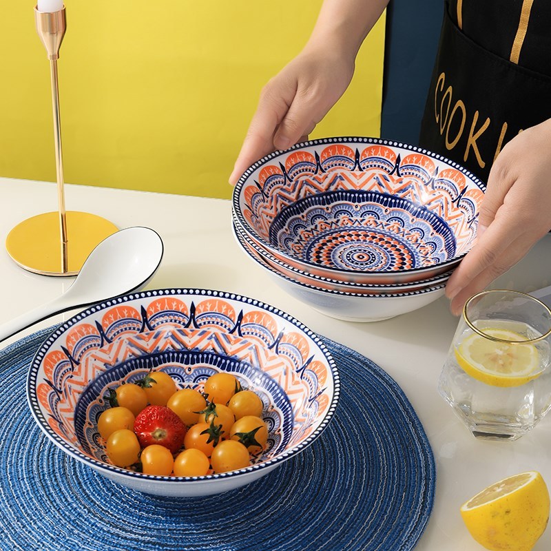 波西米亚8英寸汤碗4只装居聪家餐具家用陶瓷大号汤碗创意大面碗拉面碗