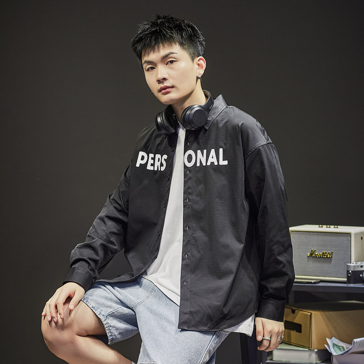 [1折价29.9元叠加优惠券]唐狮春季新款上新衬衫男休闲潮流翻领前片大文字长袖衬衫高清大图