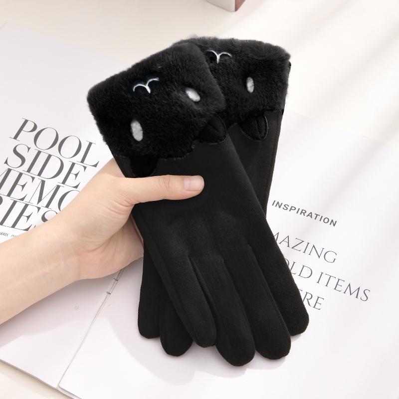 南极人手套女士秋冬季触屏加绒保暖骑行可爱学生手套骑车冬天加厚防寒风 G1063黑色