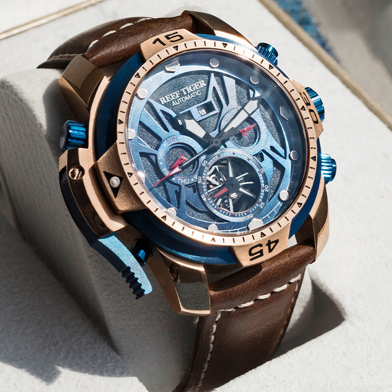 瑞夫泰格(reef tiger)潮流手表多功能自动机械表男士真皮带防水大表盘厚重军表镂空时尚大气腕表RGA3532 玫金蓝面红针棕皮