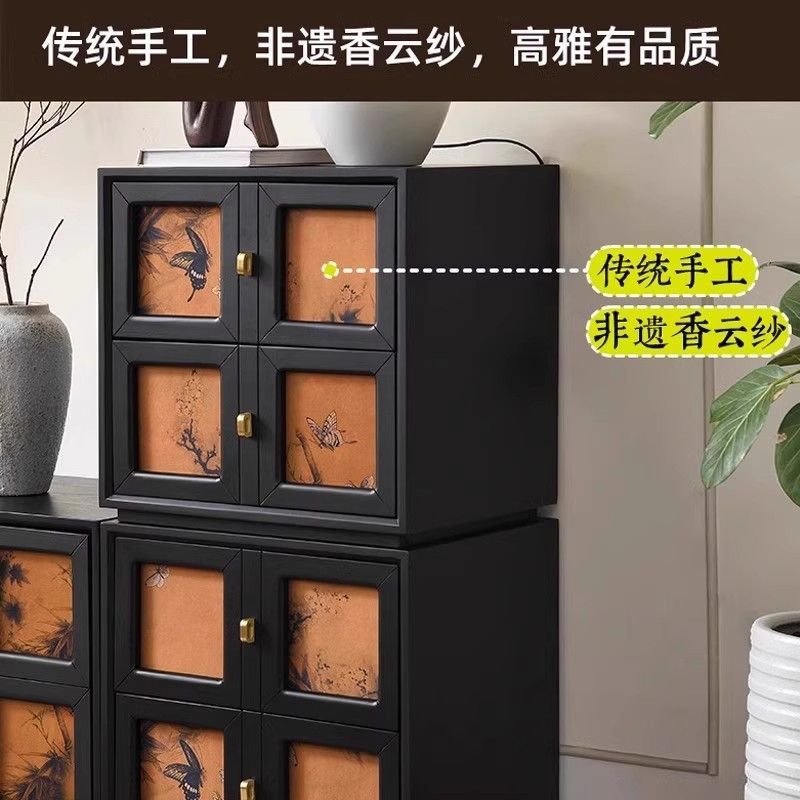 青木川 中古风复古实木床头柜落地主卧室小型家用积木柜香云纱卡门柜收纳柜一体床边斗柜电视柜高清大图