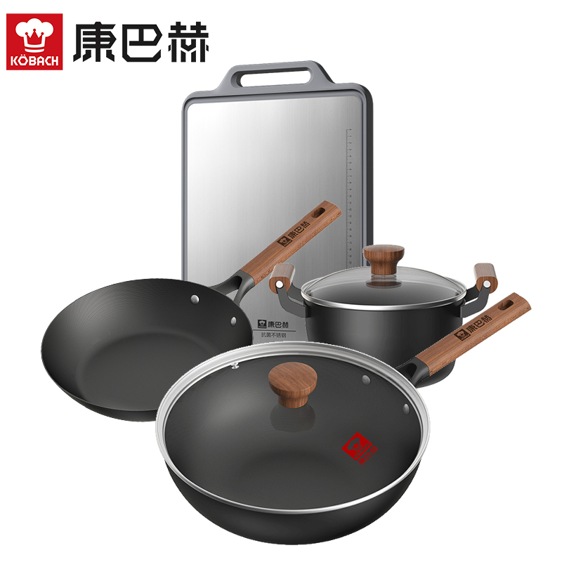 康巴赫省心套餐组合(康巴赫有钛不粘锅具三件套LPB-W03T+康巴赫康盾系列双面抗菌菜板KQK-C4430)