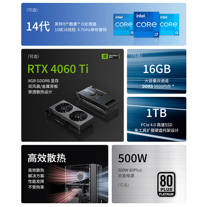 联想(Lenovo)GeekPro 2024英特尔14代酷睿设计师游戏台式电脑主机台式机 I5-14400F 16G 1TB SSD 4060TI 8G 高频内存高效散热企业办公