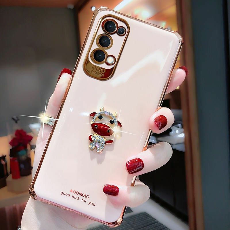 OPPOreno5手机壳镜头全包防摔Reno6硅胶软壳男女款reno5pro钻牛 樱花粉 oppo Reno 5
