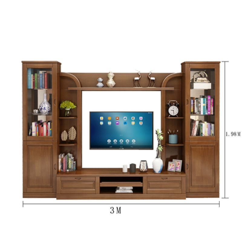 森美人实木电视柜茶几组合现代简约中式客厅整体背景墙影视柜农村经济型 胡桃色（总长3米）组装