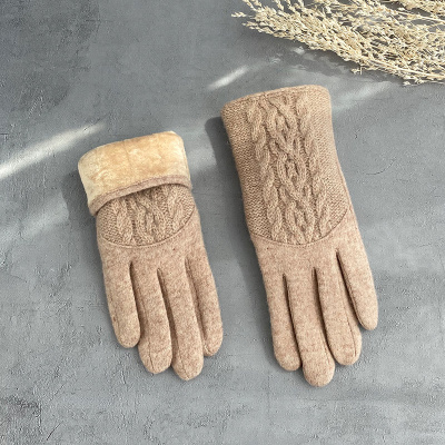 卡其色均码羊毛手套冬天女保暖防寒加绒加厚五指骑车骑行防风触屏羊绒