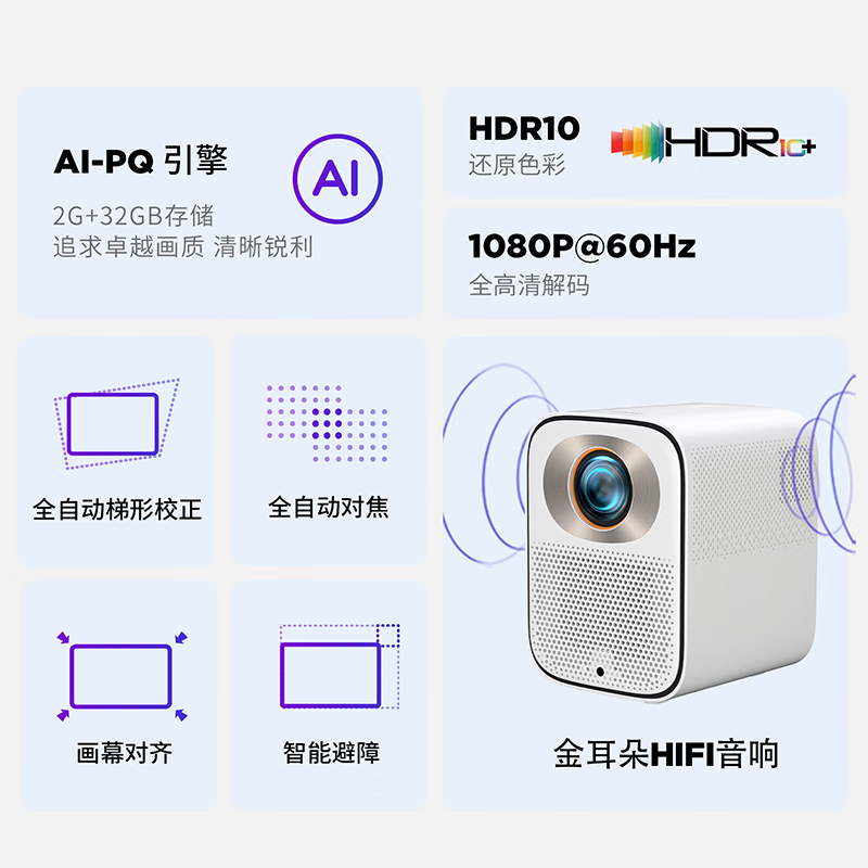 联想小新100GT投影仪家用投影机卧室游戏智能家庭影院手机投屏500CVIA 2+32G 1080P 自动校正智能避障