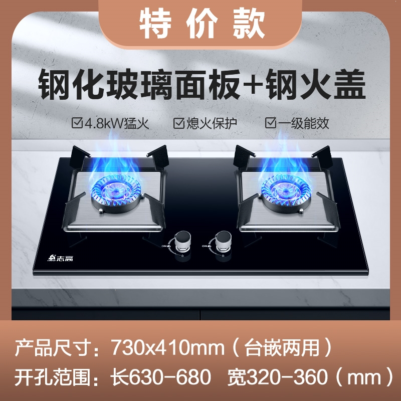 志高(CHIGO)煤气灶双灶家用燃气灶液化气嵌入式天然气灶台式猛火灶炉具_特价钢化玻璃面板钢盖_液化气
