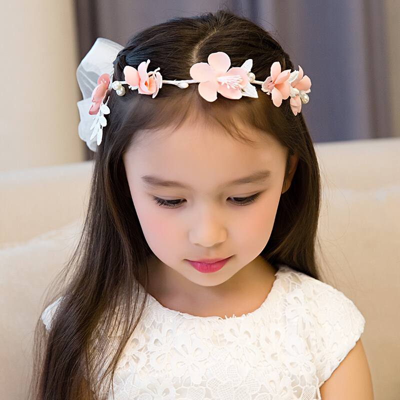 儿童头纱女童礼服婚纱公主花环头饰公主披纱花童花环饰品饰演出粉红色