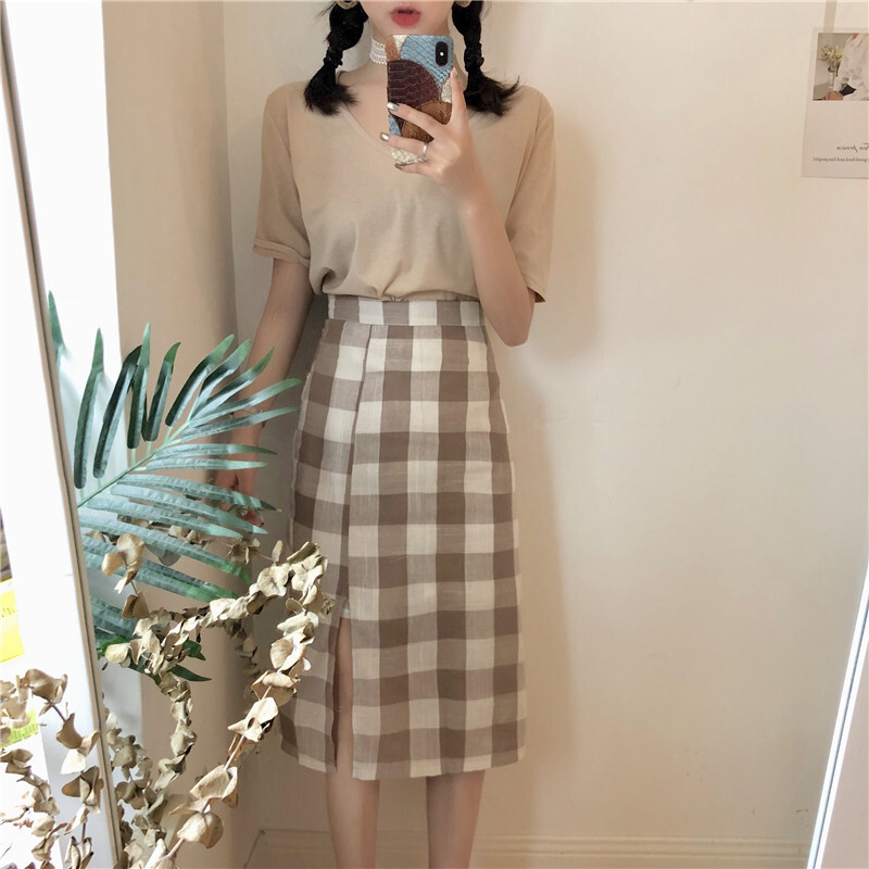 大码高腰格子中长款复古开叉半身裙女夏季胖mm显瘦a字包臀裙200斤