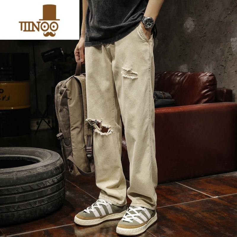 YANXU破洞牛仔裤男款夏季薄款美式刮烂水洗做旧泛黄街头阔腿直筒长裤子