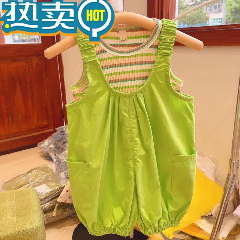 绿彩虹光女童背带套装夏多巴胺穿搭洋气时髦休闲女宝宝衣服婴幼儿童装夏装
