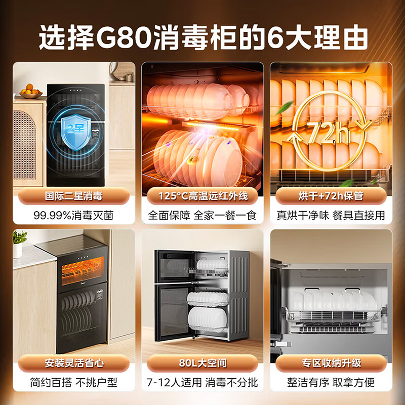 美的(Midea)消毒柜家用厨房餐具碗筷茶杯消烘一体77L高温二星级消毒上下双门独立控制小型立柜G80高清大图