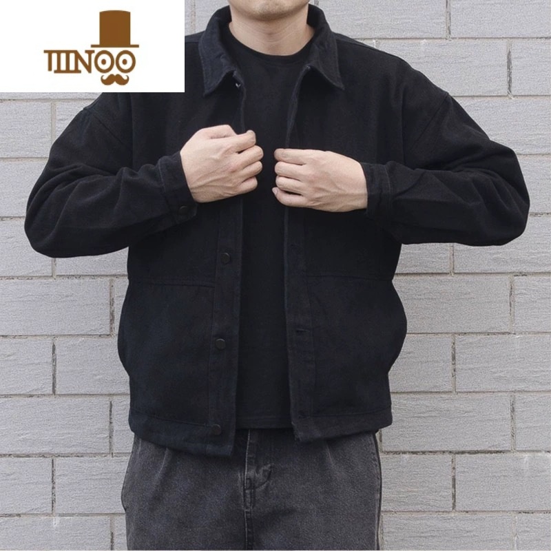 YANXU日系复古潮牌新款牛仔外套男黑色潮流帅气宽松工装夹克男高清大图