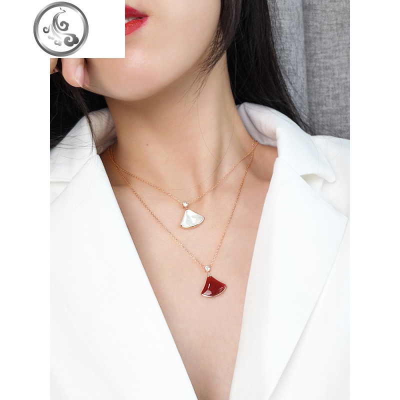 S925纯银扇子项链女小红裙子小众白贝母网红扇形锁骨链玫瑰金短款 JiMi高清大图