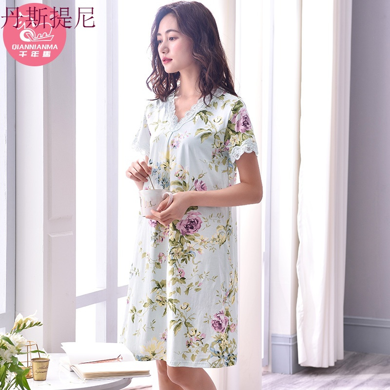 睡裙女夏季短袖纯棉睡衣夏天薄款妈妈宽松大码全棉质家居服中裙子