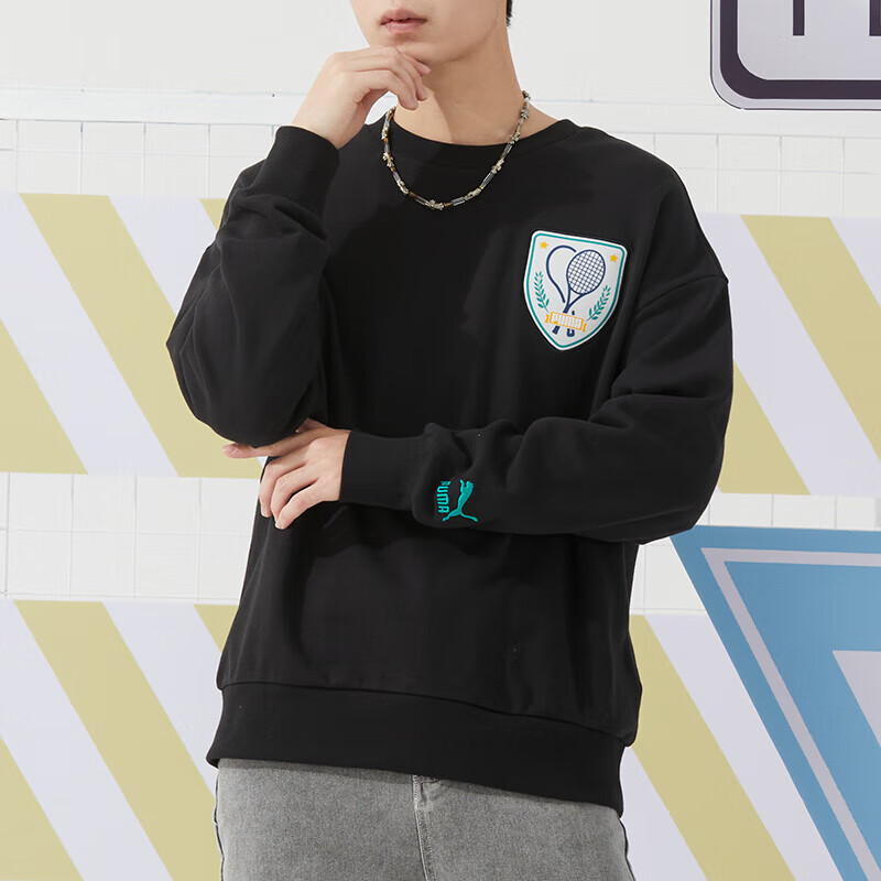 彪马(PUMA)男装日常休闲简约纯色印花圆领卫衣套头衫625802-01