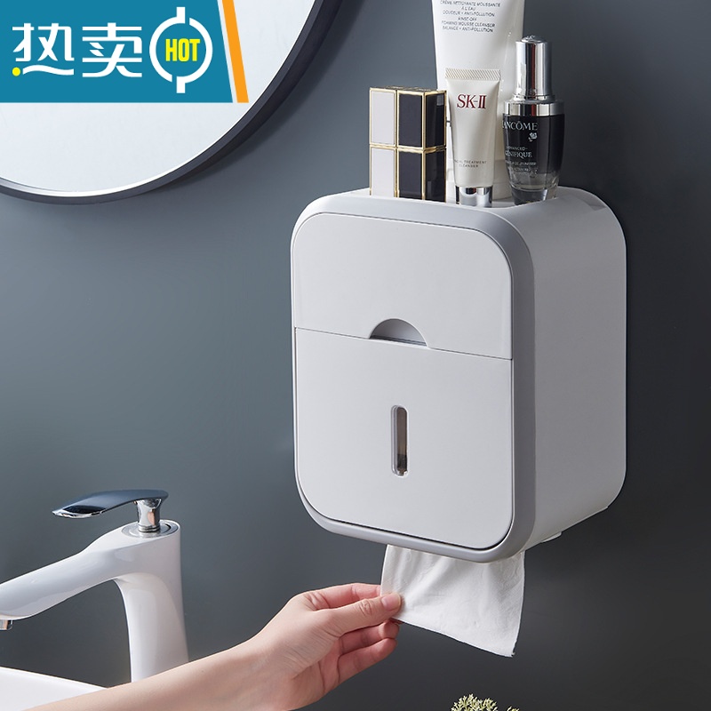 敬平卫生间壁挂式防水厕纸盒免打孔抽纸盒厕所卫生纸卷纸置物架 加大双层镀金款珍珠白+卷纸杆纸巾盒高清大图