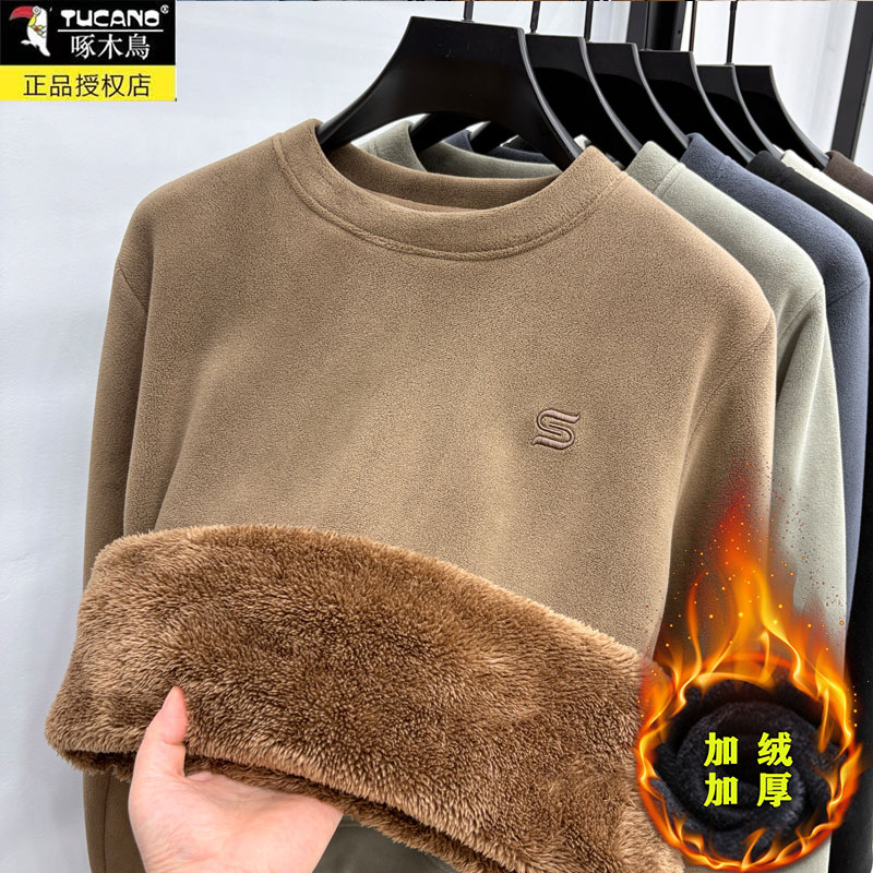 超厚驼绒】一体绒卫衣男士加绒加厚2025新款冬季圆领奥粒绒打底底高清大图