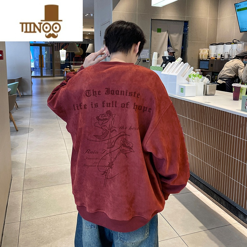 YANXU玫瑰圆领卫衣男美式绒情侣oversize潮牌慵懒风外套