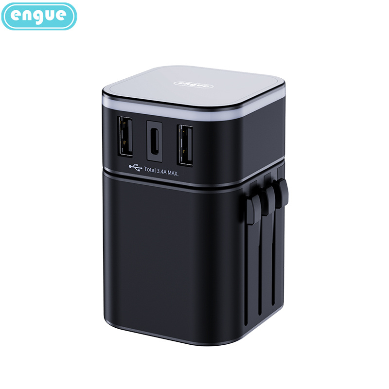 engue恩谷 劲量3.4A双USB+Type-c全球转换插头EG-701黑色高清大图