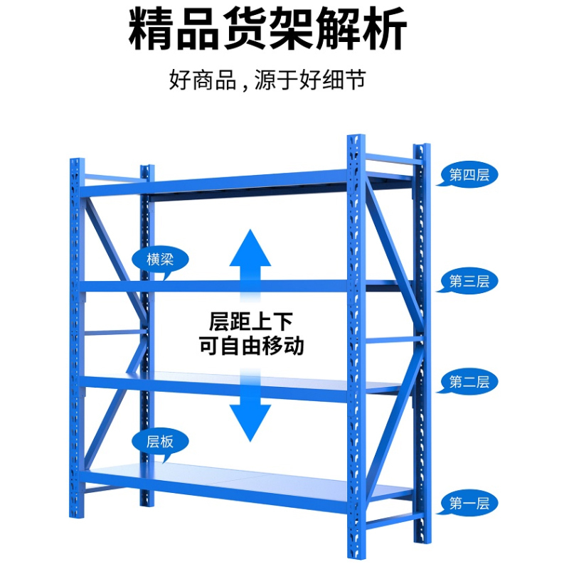 仓储货架层架 金属展示架 储物架置物架 仓库货物架子 主架 200cm*50cm*200cm