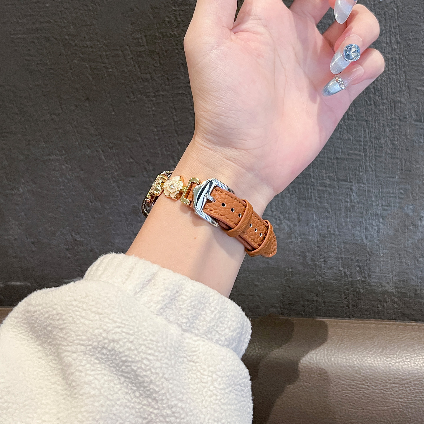 适用于华为手环10表带女高级感9/8荔枝纹真皮腕带荣耀10/9金属3139B高清大图