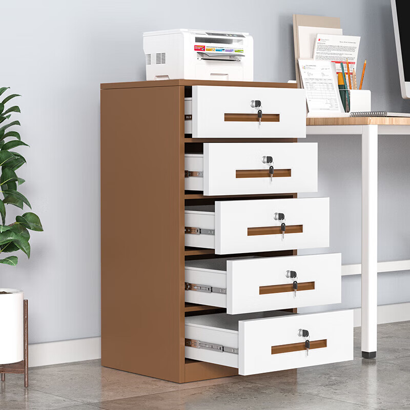 锦北铁皮文件柜矮柜资料柜带锁抽屉柜桌下收纳小柜子 85高五抽咖白高清大图