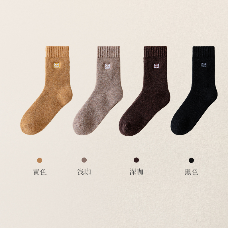 [4双装]猫人羊毛袜子女款秋冬季加绒加厚袜子女毛巾袜中筒长袜保暖毛圈袜高清大图