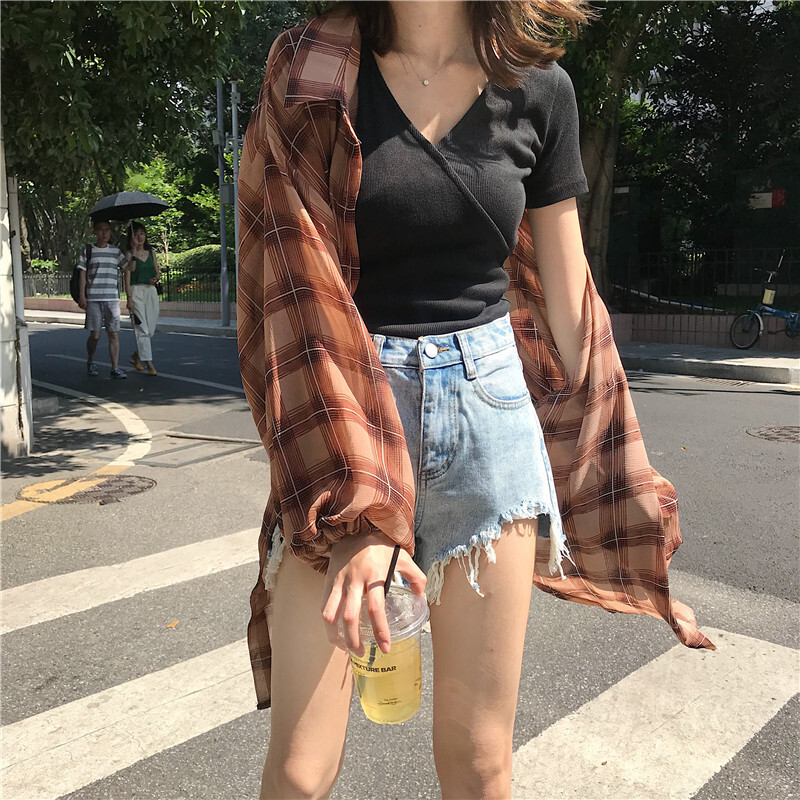 夏季韩国复古宽松雪纺格子中长款长袖防晒衣女薄款衬衫潮上衣咖色均码