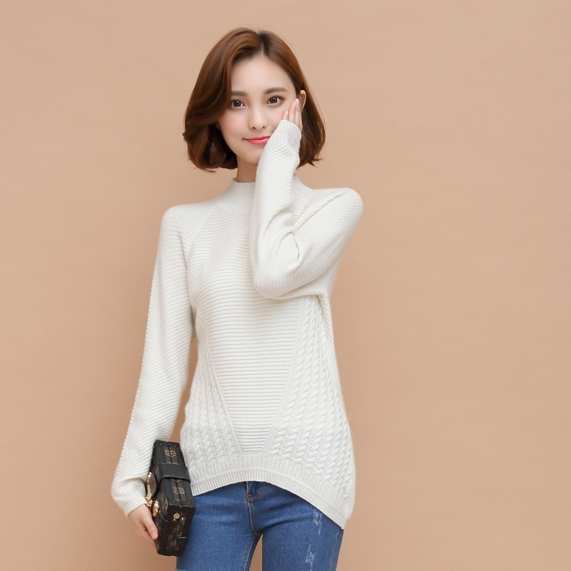 新款山羊绒衫女扭花半高领短款前短后长加厚大码修身大码毛衣