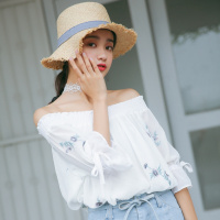 2018夏季时尚新款韩版花朵刺绣一字领露肩喇叭袖绑带雪纺衫上衣女