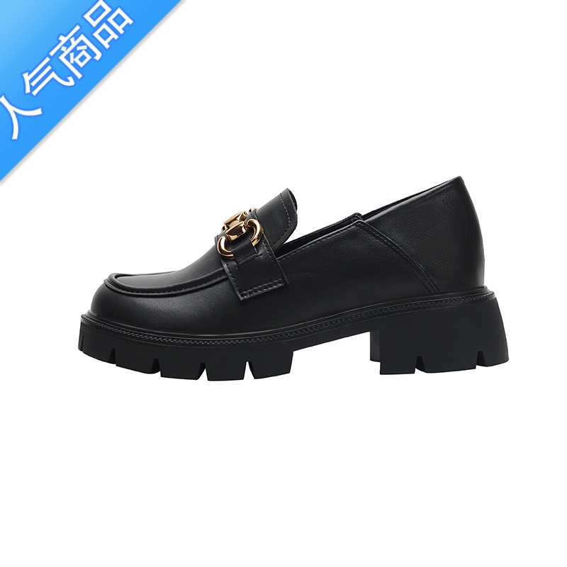 SUNTEK乐福鞋2023夏季新款复古黑色金属扣厚底粗跟内增高英伦风小皮鞋N高清大图