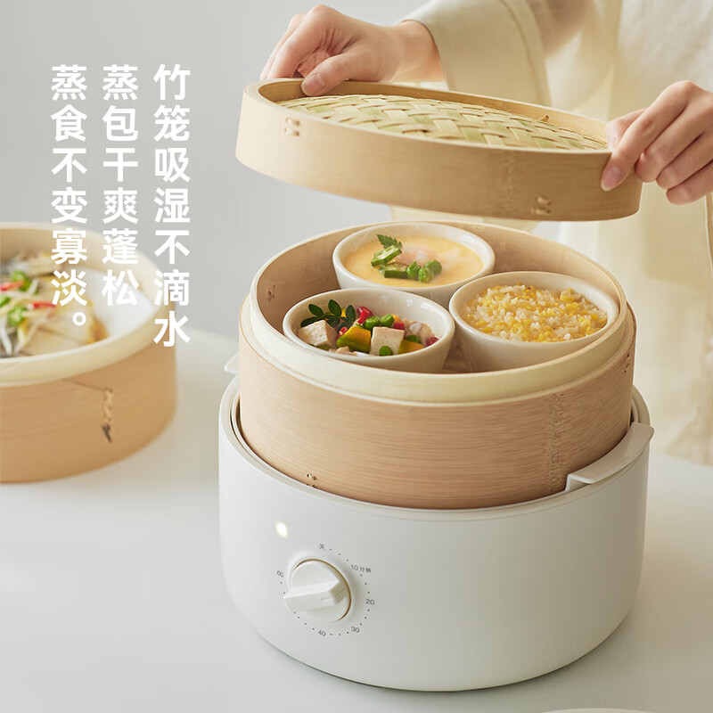 OLAYKS 立时 家用多功能电蒸锅 2.8L两层竹木蒸笼 白色 OLK-03-02 / 台高清大图