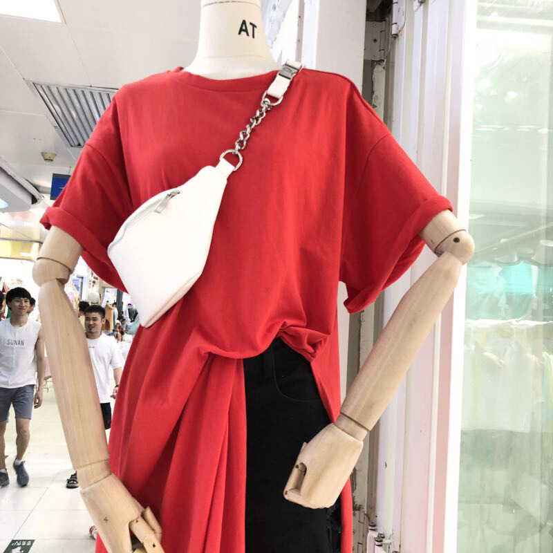 特惠2018夏装纯色短袖T恤连衣裙宽松休闲过膝中长款套头裙子女装红色均码